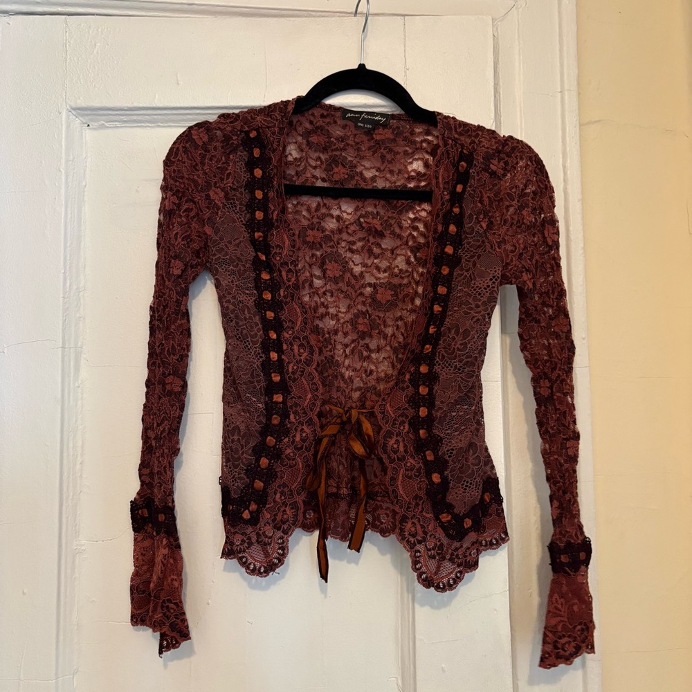 Pink Vintage Lace Cardigan with Ribbon Detail